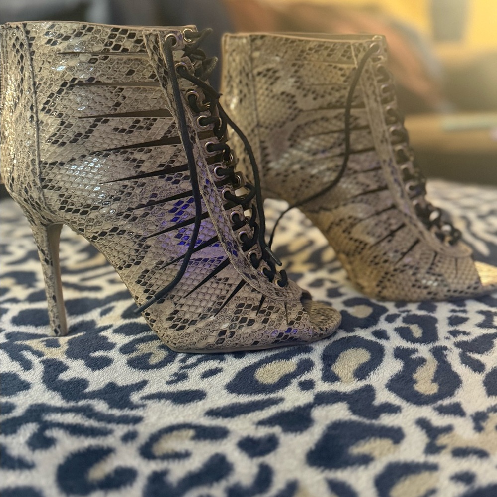 Anne Michelle Snakeskin Lace-Up Heeled Boots